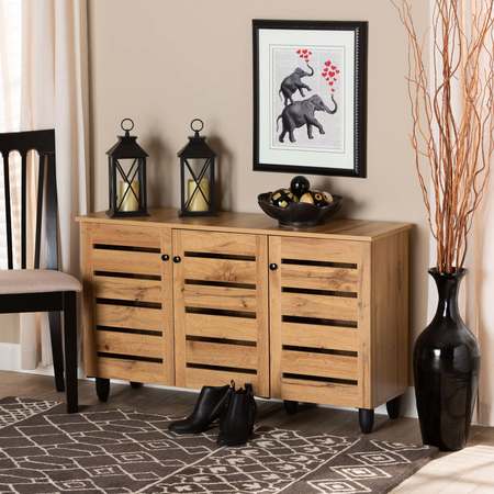 Baxton Studio Gisela Modern and Contemporary Oak Brown Finished Wood 3-Door Shoe Storage Cabinet 190-11992-ZORO